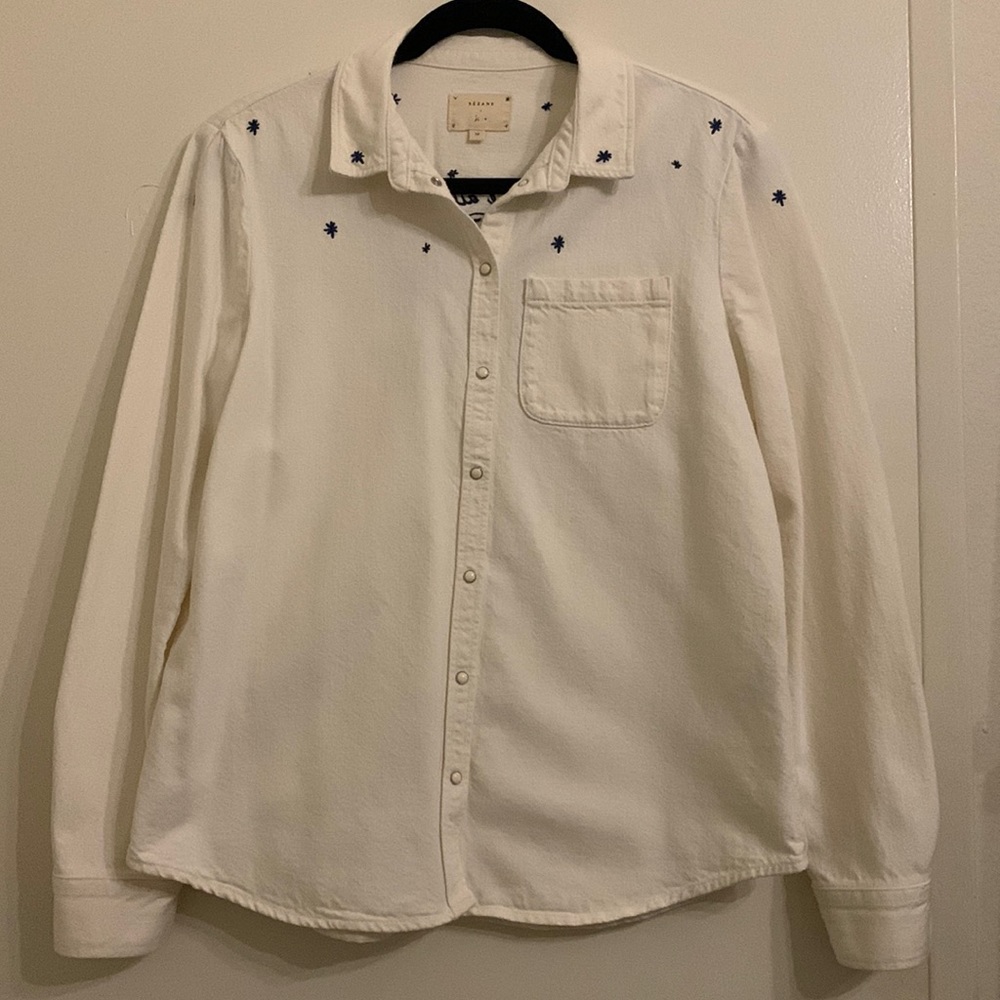Sezane white denim with blue star and bird embroidery limited edition shirt